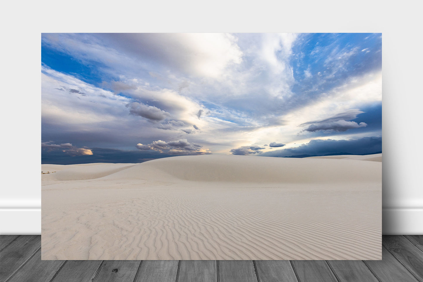 Desert aluminum metal print wall art of a scenic sky over a sand dune on a spring evening at White Sands National Park, New Mexico by Sean Ramsey of Southern Plains Photography.