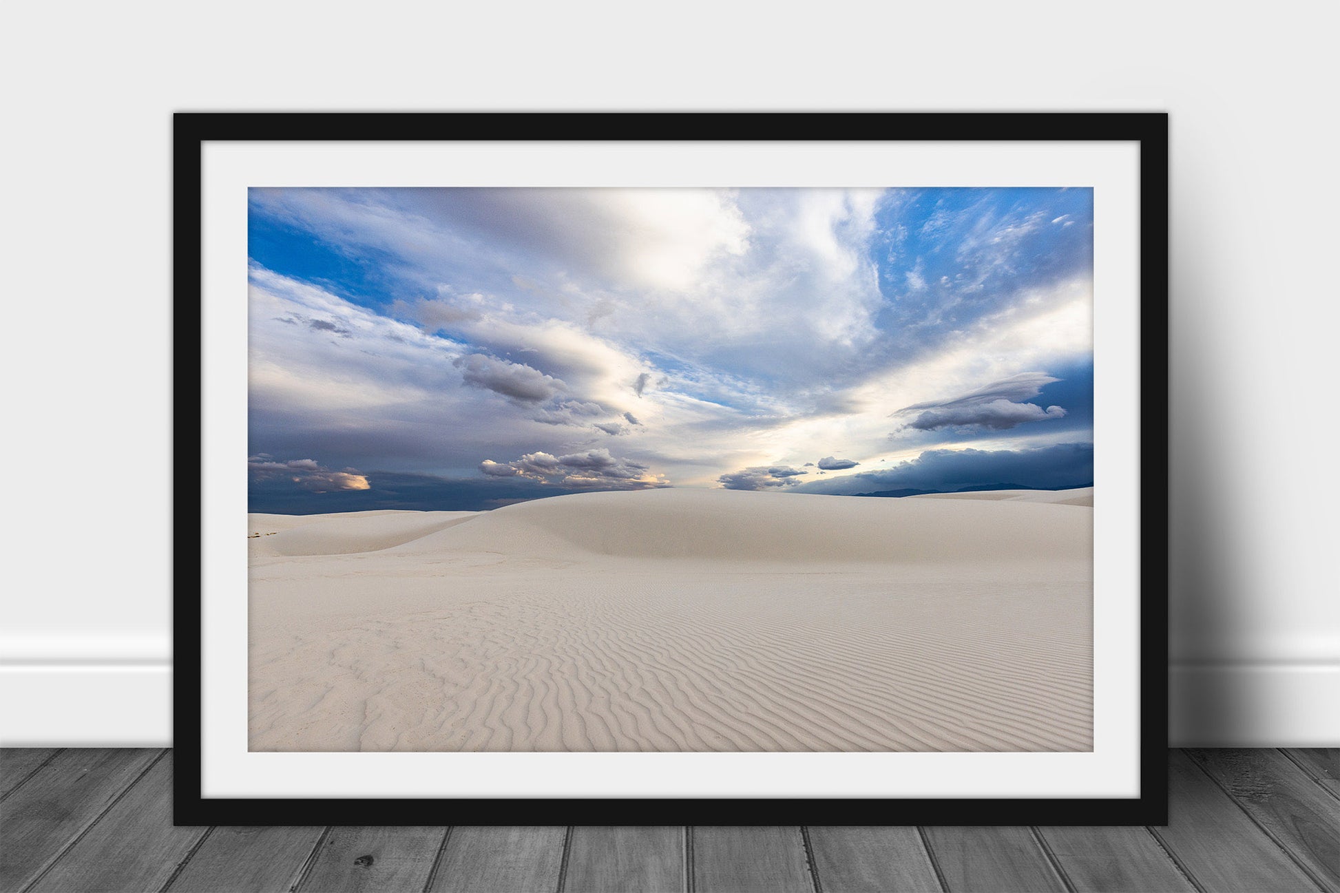 Framed and matted desert landscape print of a scenic sky over a sand dune on a spring evening at White Sands National Park, New Mexico by Sean Ramsey of Southern Plains Photography.