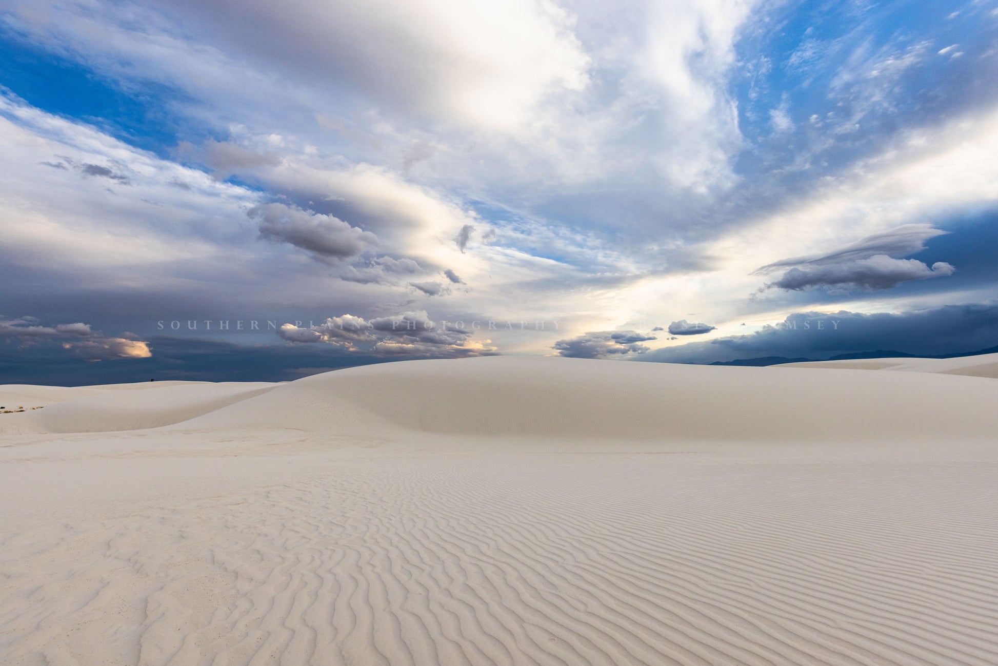 Desert photography print of a scenic sky over a sand dune on a spring evening at White Sands National Park, New Mexico by Sean Ramsey of Southern Plains Photography.