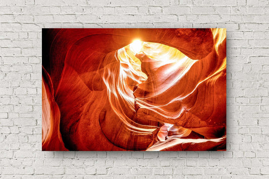 Slot canyon metal print on aluminum of sunlight peeking through an opening in Antelope Canyon near Page, Arizona by Sean Ramsey of Southern Plains Photography.