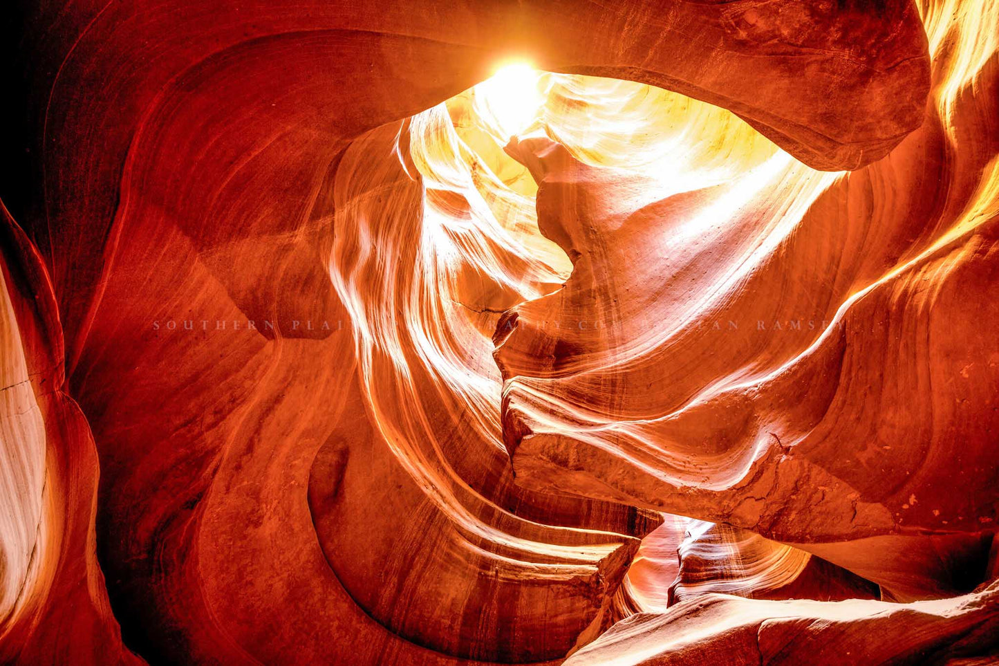 Desert southwest photography print of sunlight peeking through an opening in Antelope Canyon near Page, Arizona by Sean Ramsey of Southern Plains Photography.