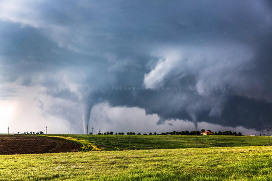 Storm photography print of two tornadoes touching down at the same time on a stormy spring day near Dodge City, Kansas by Sean Ramsey of Southern Plains Photography.