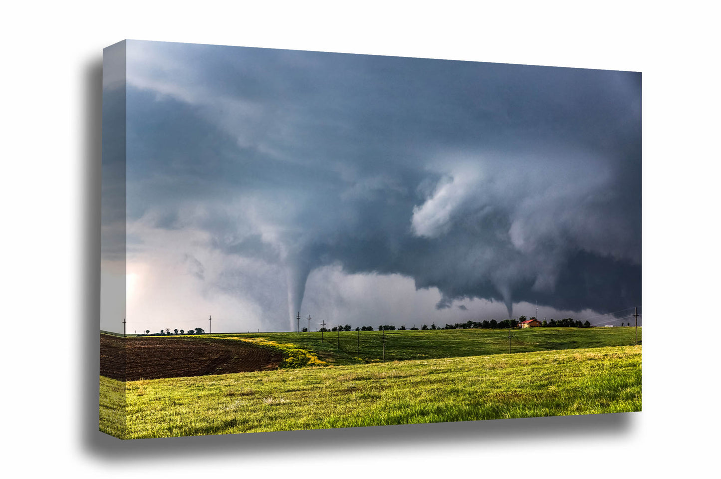 Storm canvas wall art of two tornadoes touching down at the same time on a stormy spring day near Dodge City, Kansas by Sean Ramsey of Southern Plains Photography.