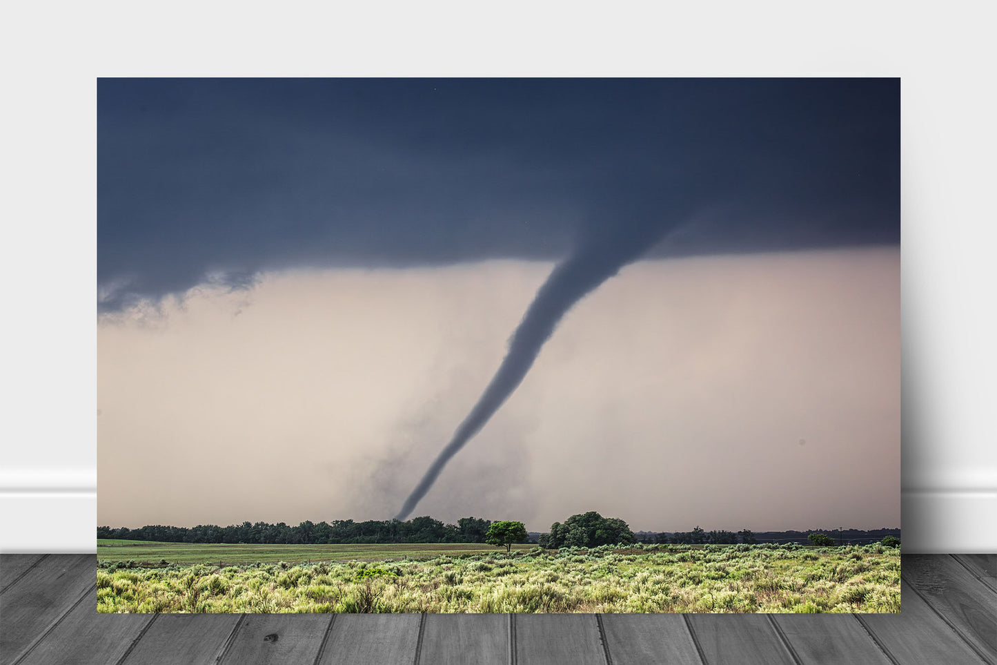 Extreme weather aluminum metal print wall art of a tornado twisting over open prairie on a stormy day in Oklahoma by Sean Ramsey of Southern Plains Photography.