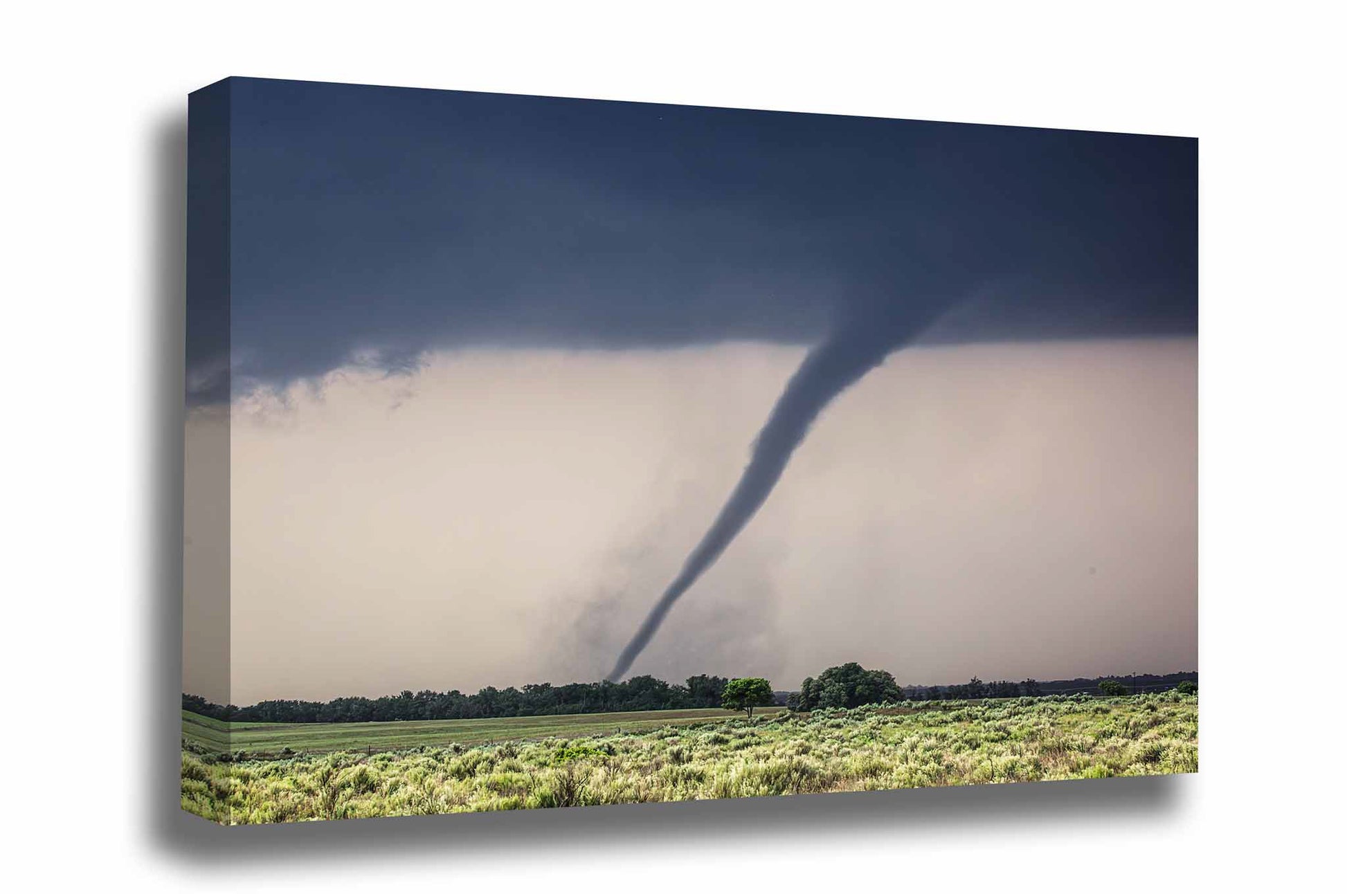 Extreme weather gallery wrapped canvas wall art of a tornado twisting over open prairie on a stormy day in Oklahoma by Sean Ramsey of Southern Plains Photography.
