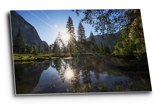 Sierra Nevada metal print on aluminum of the sun reflecting off the still waters of the Merced River on a summer morning in Yosemite National Park, California by Sean Ramsey of Southern Plains Photography.