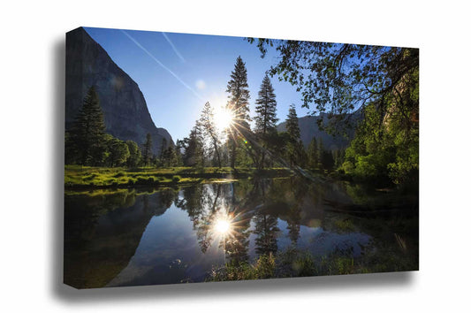 Sierra Nevada canvas wall art of the sun reflection in the calm waters of the Merced River on a summer morning in Yosemite National Park, California by Sean Ramsey of Southern Plains Photography.