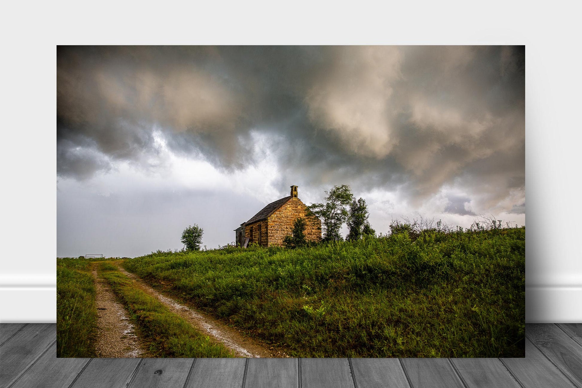 Rustic country aluminum metal print wall art of storm clouds hovering over an old abandoned house on a stormy day in rural Oklahoma by Sean Ramsey of Southern Plains Photography.
