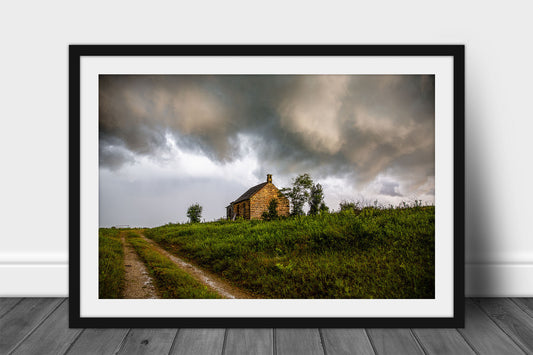 Framed and matted rustic country print of storm clouds hovering over an old abandoned house on a stormy day in rural Oklahoma by Sean Ramsey of Southern Plains Photography.