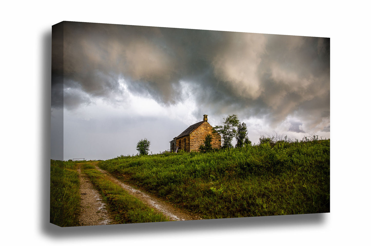 Rustic country canvas wall art of storm clouds hovering over an old abandoned house on a stormy day in rural Oklahoma by Sean Ramsey of Southern Plains Photography.