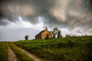 Country photography print of an abandoned homestead under storm clouds on a stormy summer day in Oklahoma by Sean Ramsey of Southern Plains Photography.