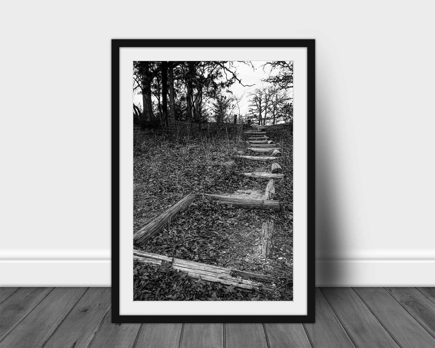 Framed vertical black and white outdoors print wall art of a trail covered in leaves leading up a hill on an autumn day in Oklahoma by Sean Ramsey of Southern Plains Photography.