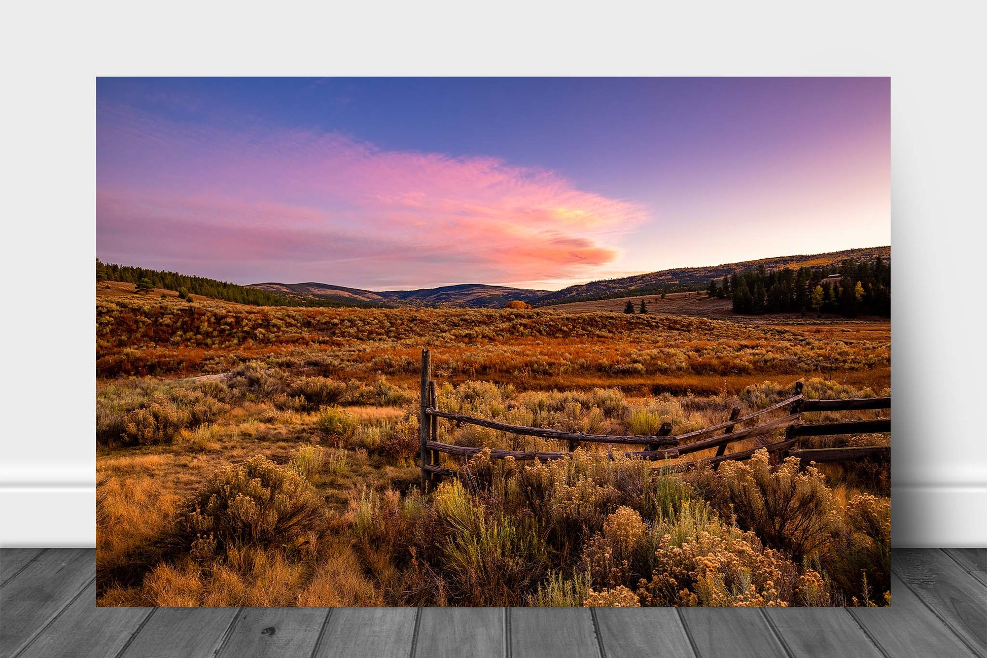 Rocky Mountains landscape aluminum metal print wall art of a mountain valley at sunset on an autumn evening near Angel Fire, New Mexico by Sean Ramsey of Southern Plains Photography.