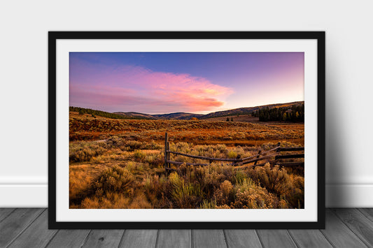 Rocky Mountains landscape framed print of a mountain valley at sunset on an autumn evening near Angel Fire, New Mexico by Sean Ramsey of Southern Plains Photography.
