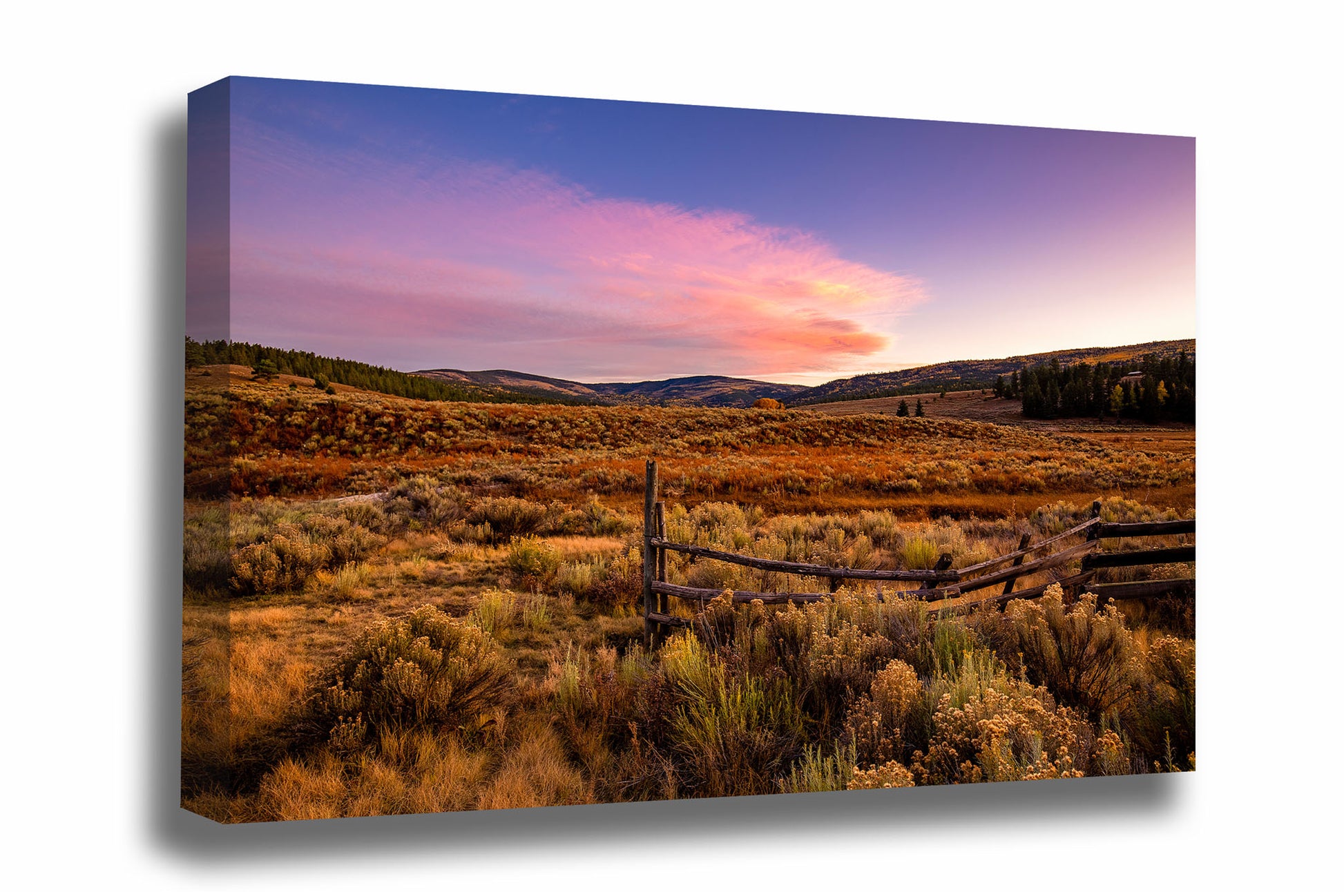 Rocky Mountains landscape gallery wrapped canvas wall art of a mountain valley at sunset on an autumn evening near Angel Fire, New Mexico by Sean Ramsey of Southern Plains Photography.