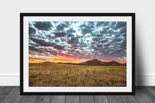 Framed and matted Great Plains print of the Wichita Mountains in the warm glow of sunset on an autumn evening in Oklahoma by Sean Ramsey of Southern Plains 