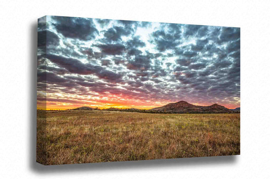 Wichita Mountains canvas wall art of a warm sunset taking place over mountains and prairie grass on an autumn evening near Lawton, Oklahoma by Sean Ramsey of Southern Plains Photography.
