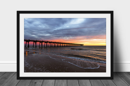 Framed and matted Gulf Coast print of the Pensacola Beach Pier extending into a colorful horizon as waves roll ashore at sunset in Florida by Sean Ramsey of Southern Plains Photography.