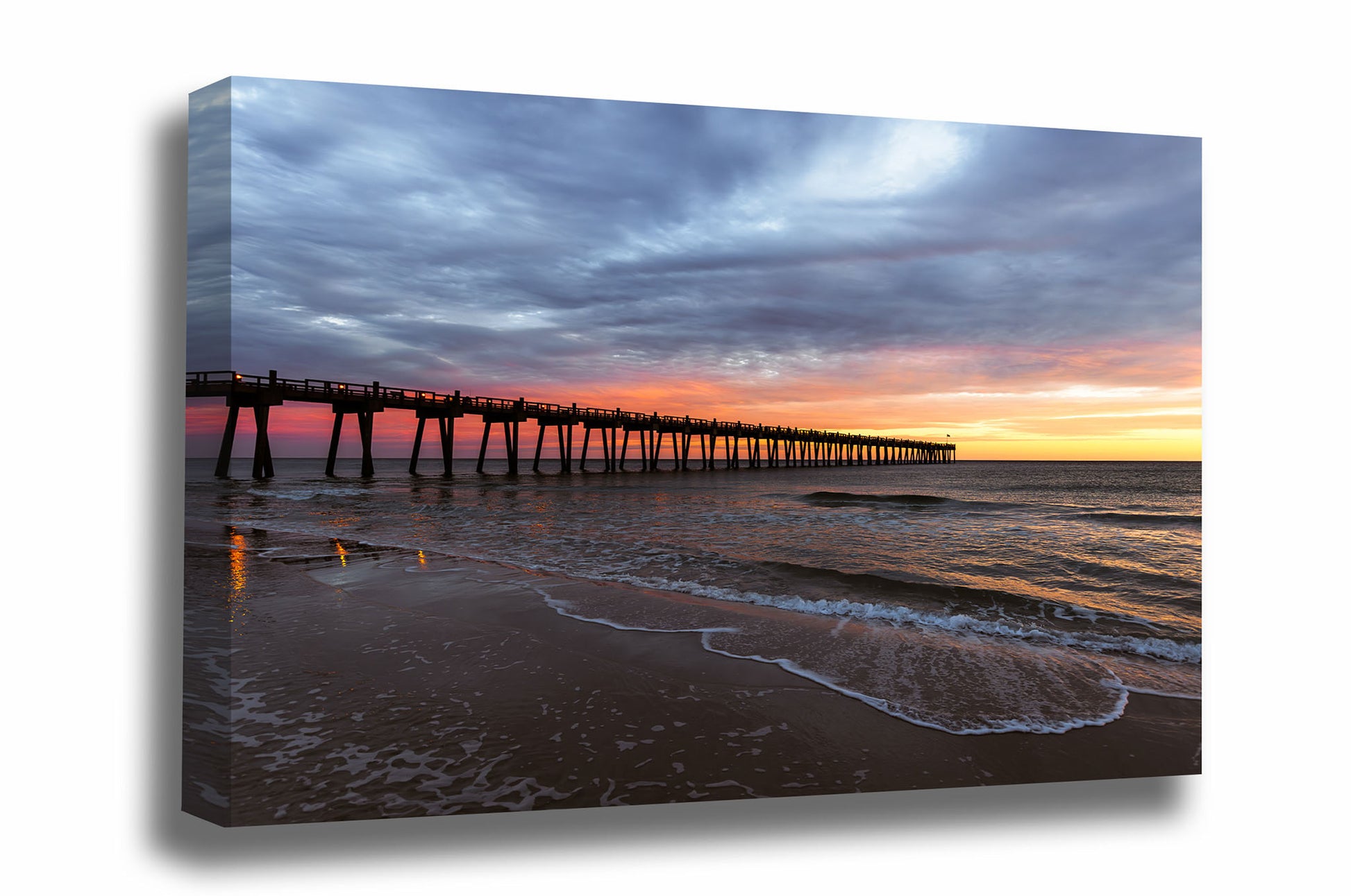 Gulf Coast canvas wall art of the Pensacola Beach Pier extending into a colorful horizon as waves roll ashore at sunset in Florida by Sean Ramsey of Southern Plains Photography.