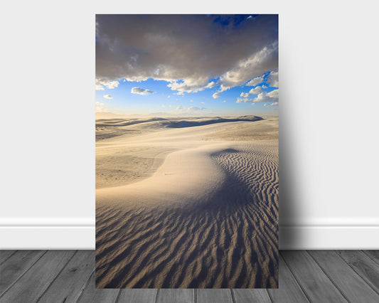 Desert southwest vertical aluminum metal print of shifting sand dunes in White Sands National Park, New Mexico by Sean Ramsey of Southern Plains Photography.