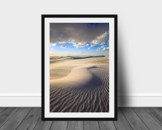Vertical framed and matted desert southwest print of shifting sand dunes in White Sands National Park, New Mexico by Sean Ramsey of Southern Plains Photography.