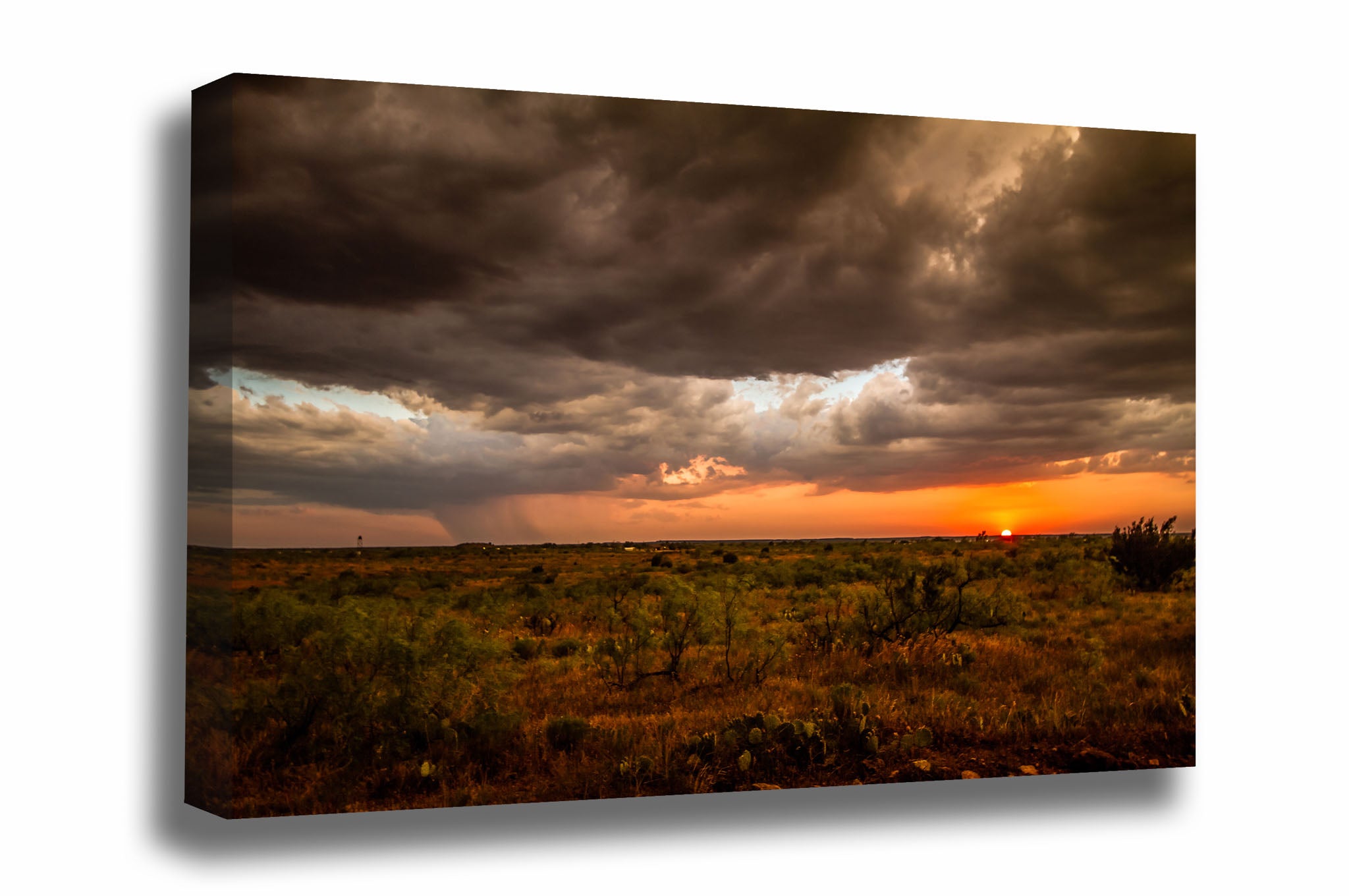 Western canvas wall art of a warm sunset over the high plains on a stormy evening in West Texas by Sean Ramsey of Southern Plains Photography.