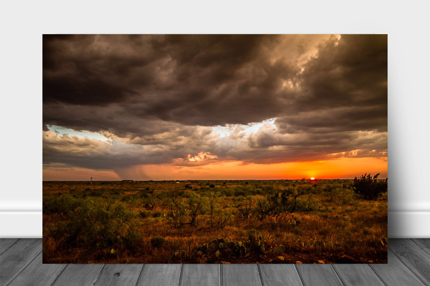 Western landscape metal print of a warm sunset taking place over the high desert on a stormy spring evening in West Texas by Sean Ramsey of Southern Plains Photography.