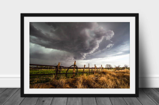 Framed and matted western print of rolled barbed wire leaning against a fence as a thunderstorm advances over a ranch in Oklahoma by Sean Ramsey of Southern Plains Photography.