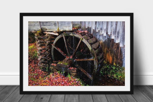Rustic country framed print of an old grist mill wheel covered in fallen leaves on an autumn day in the Great Smoky Mountains of Tennessee by Sean Ramsey of Southern Plains Photography.