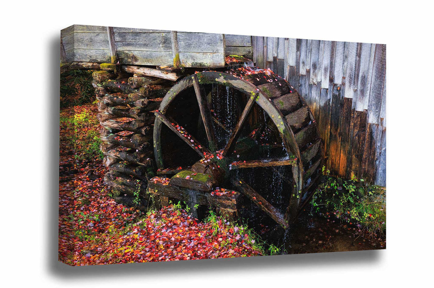 Rustic country gallery wrapped canvas wall art of an old grist mill wheel covered in fallen leaves on an autumn day in the Great Smoky Mountains of Tennessee by Sean Ramsey of Southern Plains Photography.