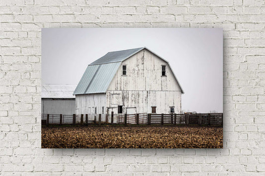 Farm metal print on aluminum of a rustic white barn against a gray sky on a foggy spring morning in Illinois by Sean Ramsey of Southern Plains Photography.