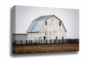 Farm canvas wall art of a rustic white barn on an early spring morning in Illinois by Sean Ramsey of Southern Plains Photography.