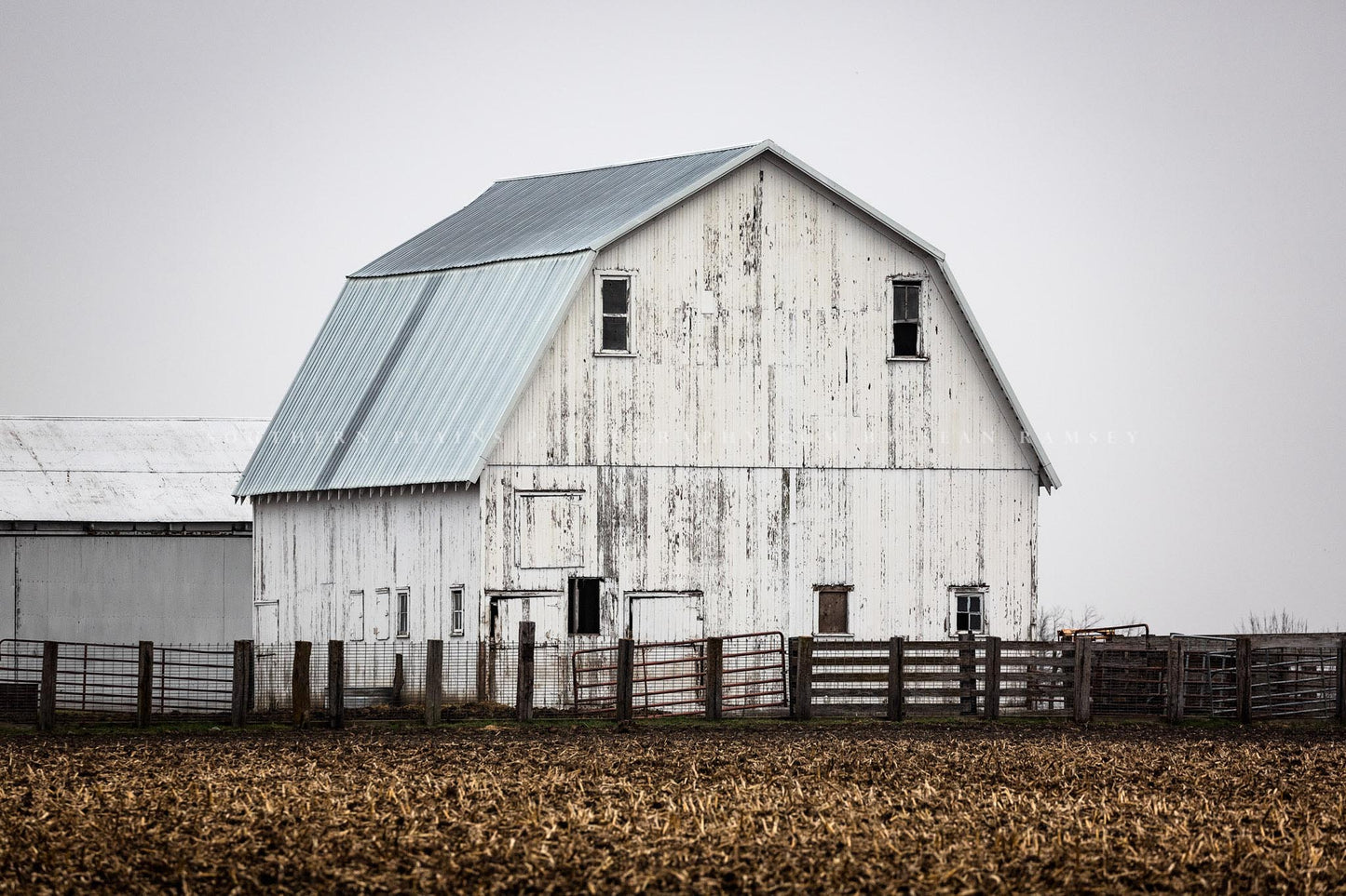 Country photography print of a rustic white barn on an early spring morning in Illinois by Sean Ramsey of Southern Plains Photography.