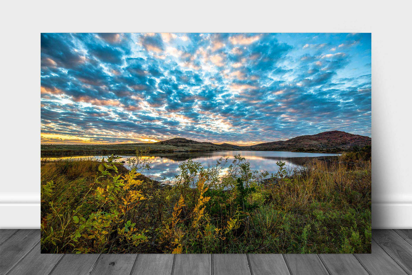 Landscape metal print of a scenic sky over fall color at sunset on an autumn evening at Lake Jed Johnson in the Wichita Mountains of Oklahoma by Sean Ramsey of Southern Plains Photography.