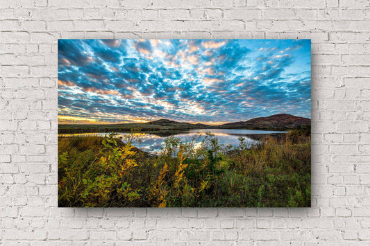 Landscape metal print of a scenic sky over fall color at sunset on an autumn evening at Lake Jed Johnson in the Wichita Mountains of Oklahoma by Sean Ramsey of Southern Plains Photography.