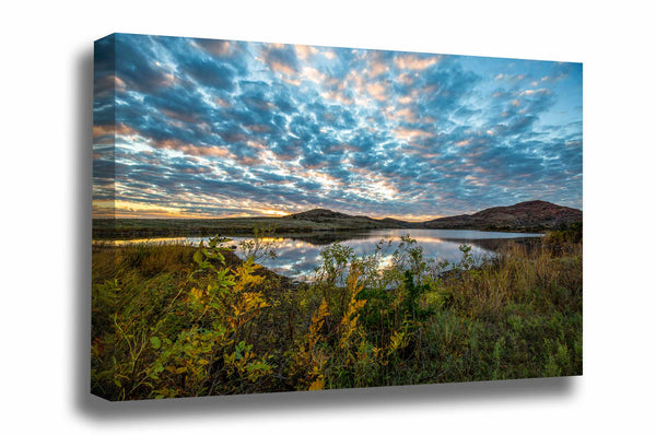 Landscape canvas wall art of a scenic sky over fall colors on an autumn evening at Lake Jed Johnson in the Wichita Mountains Wildlife Refuge near Lawton, Oklahoma by Sean Ramsey of Southern Plains Photography.
