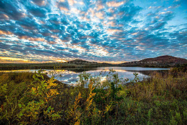 Landscape photography print of a scenic sky over Lake Jed Johnson at sunset on an autumn evening in the Wichita Mountains of southwest Oklahoma by Sean Ramsey of Southern Plains Photography.
