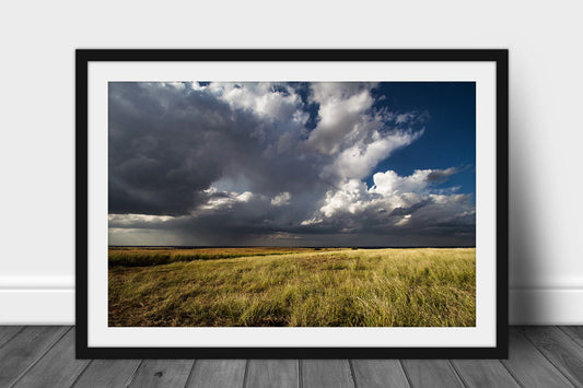 Framed and matted Great Plains print of storm clouds brewing over open prairie bringing the anticipation of spring thunderstorms in Oklahoma by Sean Ramsey of Southern Plains Photography.