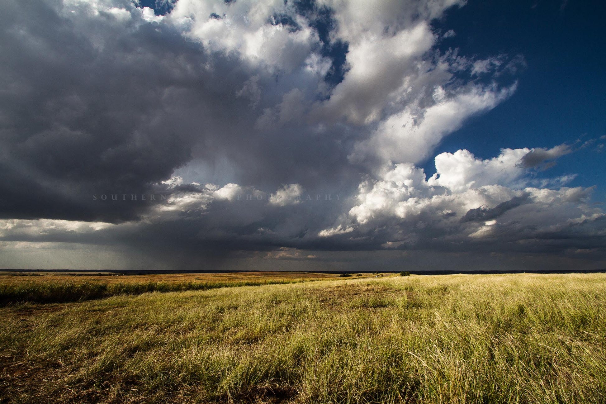 Great plains photography print of storm clouds building over golden prairie bringing the anticipation of a stormy day in Oklahoma by Sean Ramsey of Southern Plains Photography.