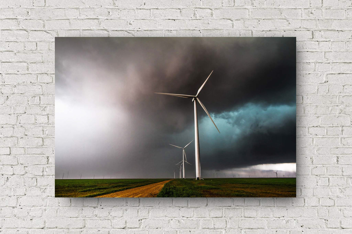 Great plains metal print of wind turbines churning through an intense storm as it moves through a wind farm on a stormy spring day in the Texas panhandle by Sean Ramsey of Southern Plains Photography.