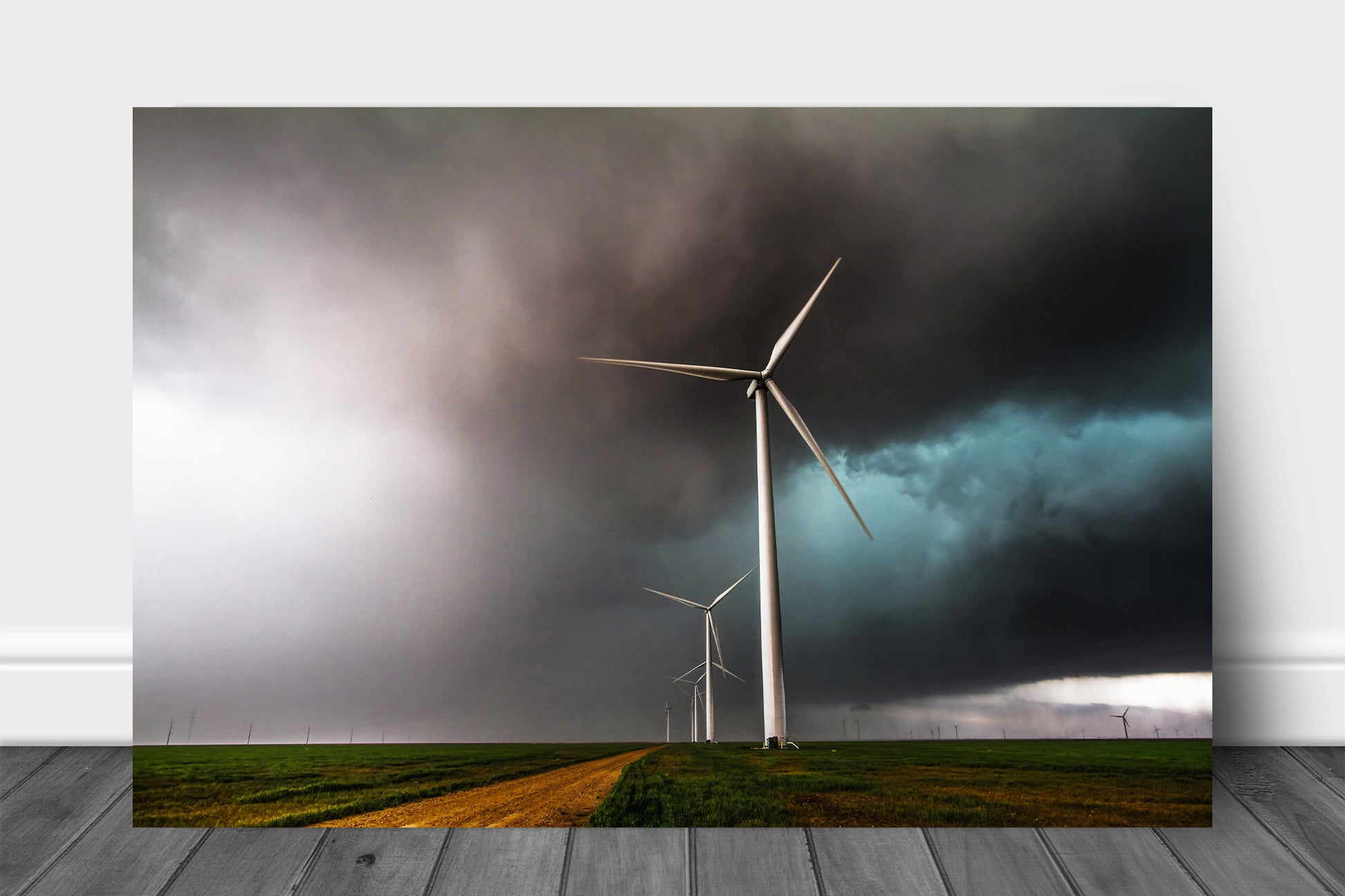 Great plains metal print of wind turbines churning through an intense storm as it moves through a wind farm on a stormy spring day in the Texas panhandle by Sean Ramsey of Southern Plains Photography.