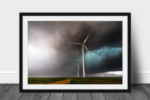 Framed wind farm print of wind turbines churning through an intense thunderstorm on a stormy spring day in the Texas panhandle by Sean Ramsey of Southern Plains Photography.