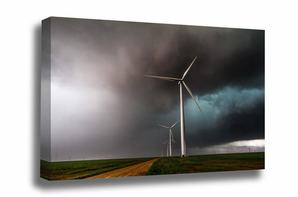 Storm canvas wall art of a thunderstorm passing through a wind farm on a stormy spring day in Texas by Sean Ramsey of Southern Plains Photography.