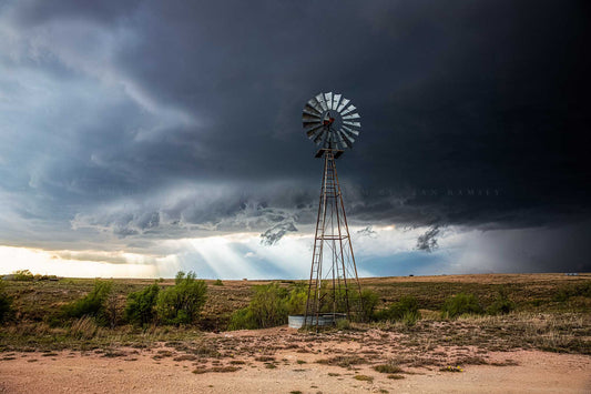Country photography print of an old windmill and supercell thunderstorm on a stormy spring day on the plains of Texas by Sean Ramsey of Southern Plains Photography.