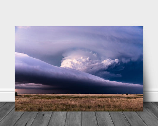 Storm metal print on aluminum of a supercell thunderstorm climbing high into the sky as it spans the horizon on a stormy spring day in Texas by Sean Ramsey of Southern Plains Photography.