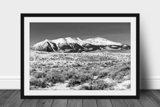 Black and White Rocky Mountains framed print wall art of Mount Elbert overlooking a snowy landscape on a winter day in Colorado by Sean Ramsey of Southern Plains Photography.