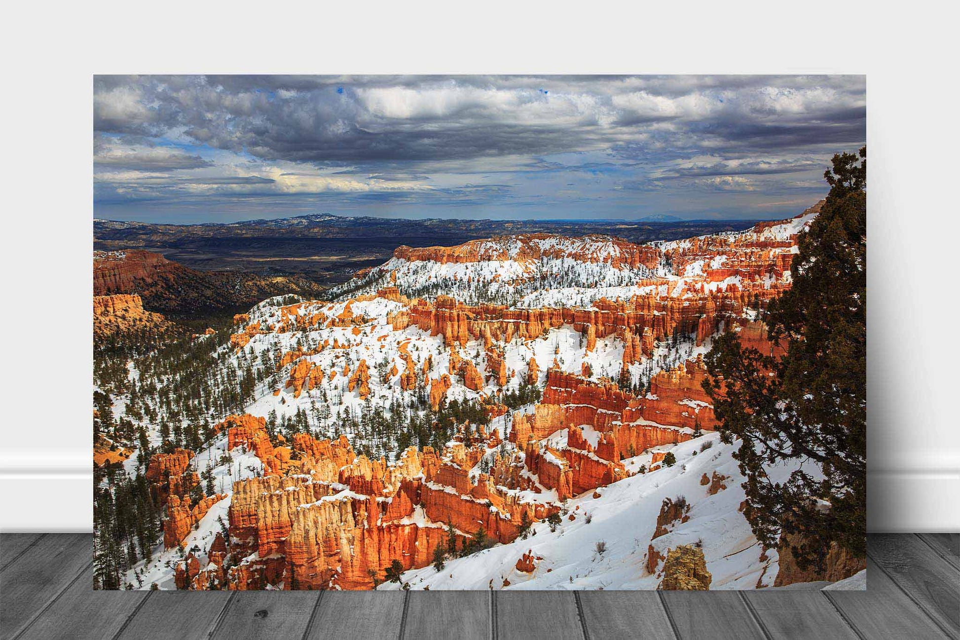 Western landscape aluminum metal print wall art of hoodoos covered in snow on a late winter day in Bryce Canyon National Park, Utah by Sean Ramsey of Southern Plains Photography.