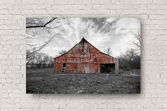Country aluminum metal print of an old red barn with worn paint with a black and white landscape on an early spring day in Missouri by Sean Ramsey of Southern Plains Photography.