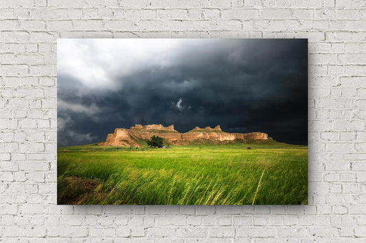 Great plains photography print of a stormy sky over a bluff along Wright's Gap Road near Scottsbluff, Nebraska by Sean Ramsey of Southern Plains Photography.