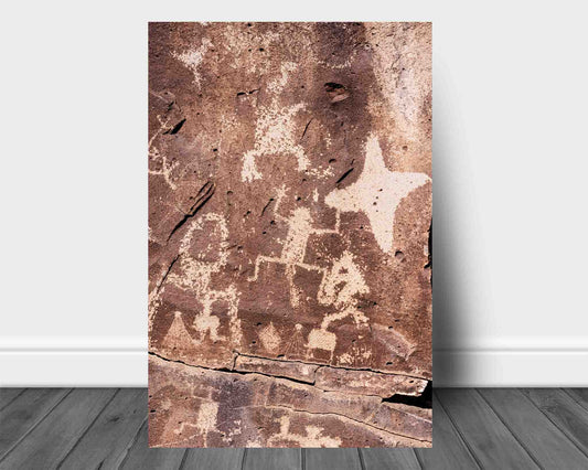 Vertical Southwestern aluminum metal print wall art of the ancient rock wall La Cieneguilla petroglyphs near Santa Fe, New Mexico by Sean Ramsey of Southern Plains Photography.